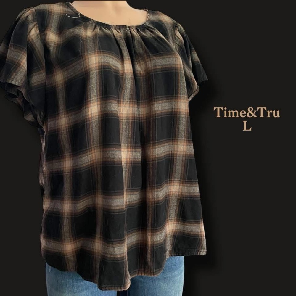 💙4/$28💙 Time and Tru Black and Tan Plaid Blouse